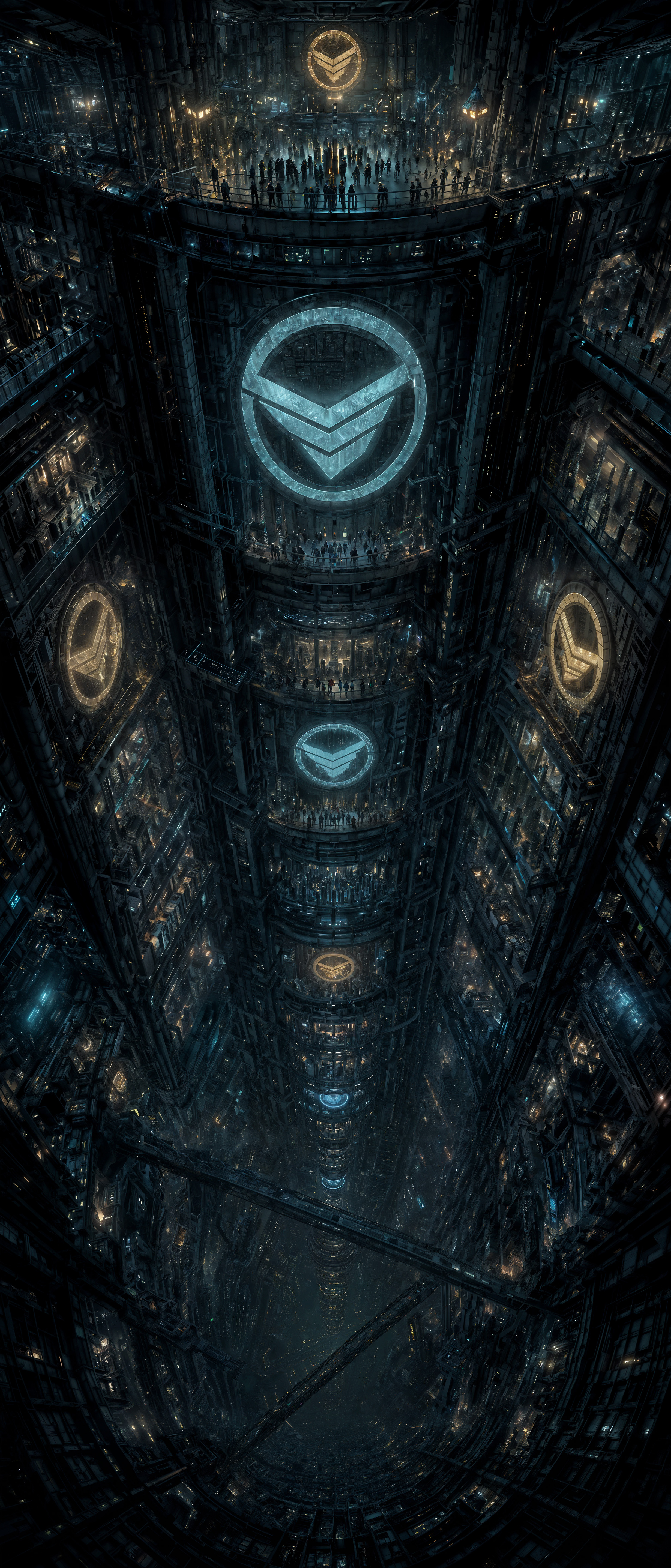 A colossal corporate citadel built downward into a planet's crust — endless stacked habitation decks descending into darkness, lit only by vast glowing corporate signage