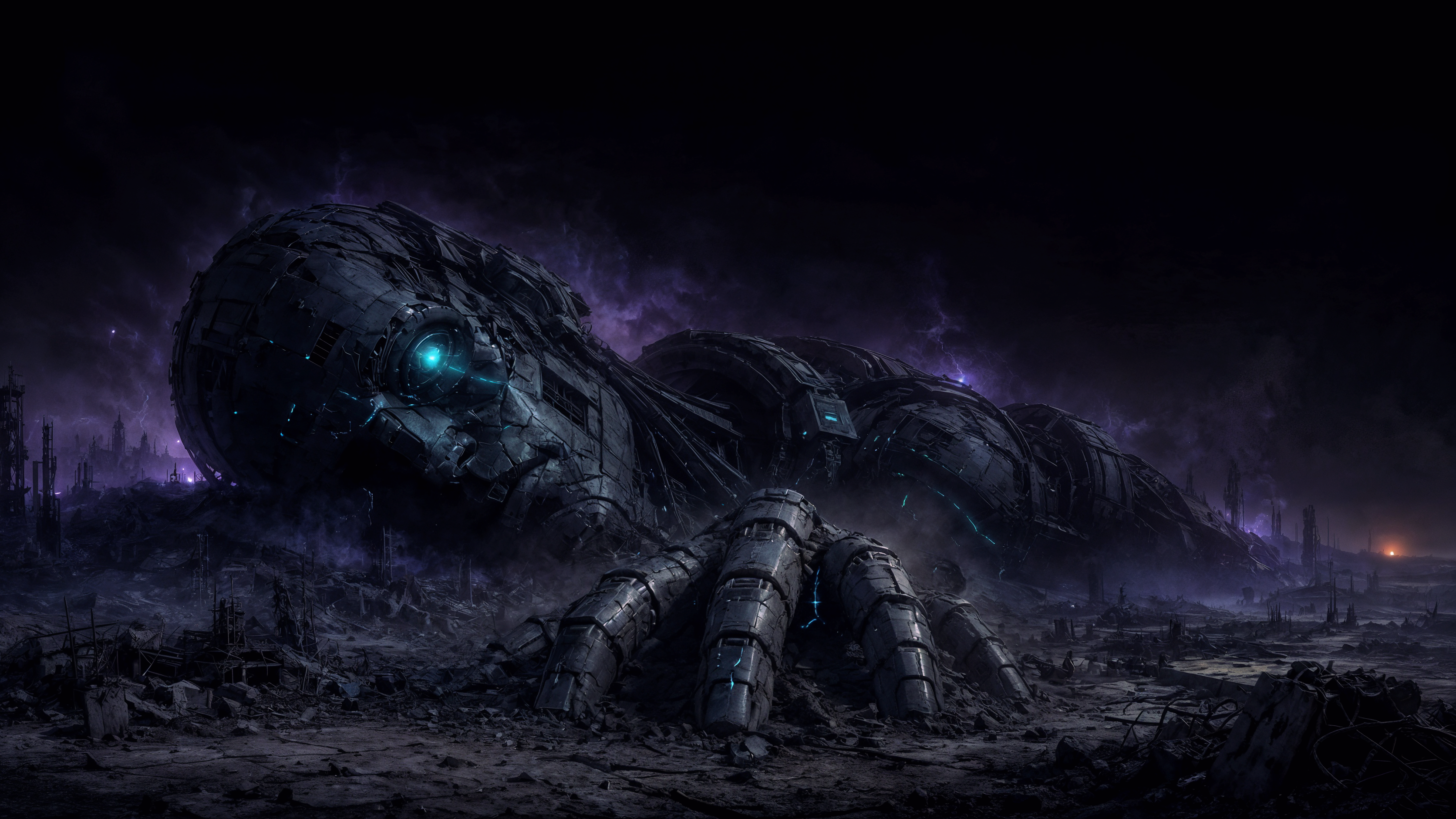 The colossal corpse of a fallen machine intelligence sprawled across a ruined world under a bruised purple sky, one cold cyan eye still faintly lit