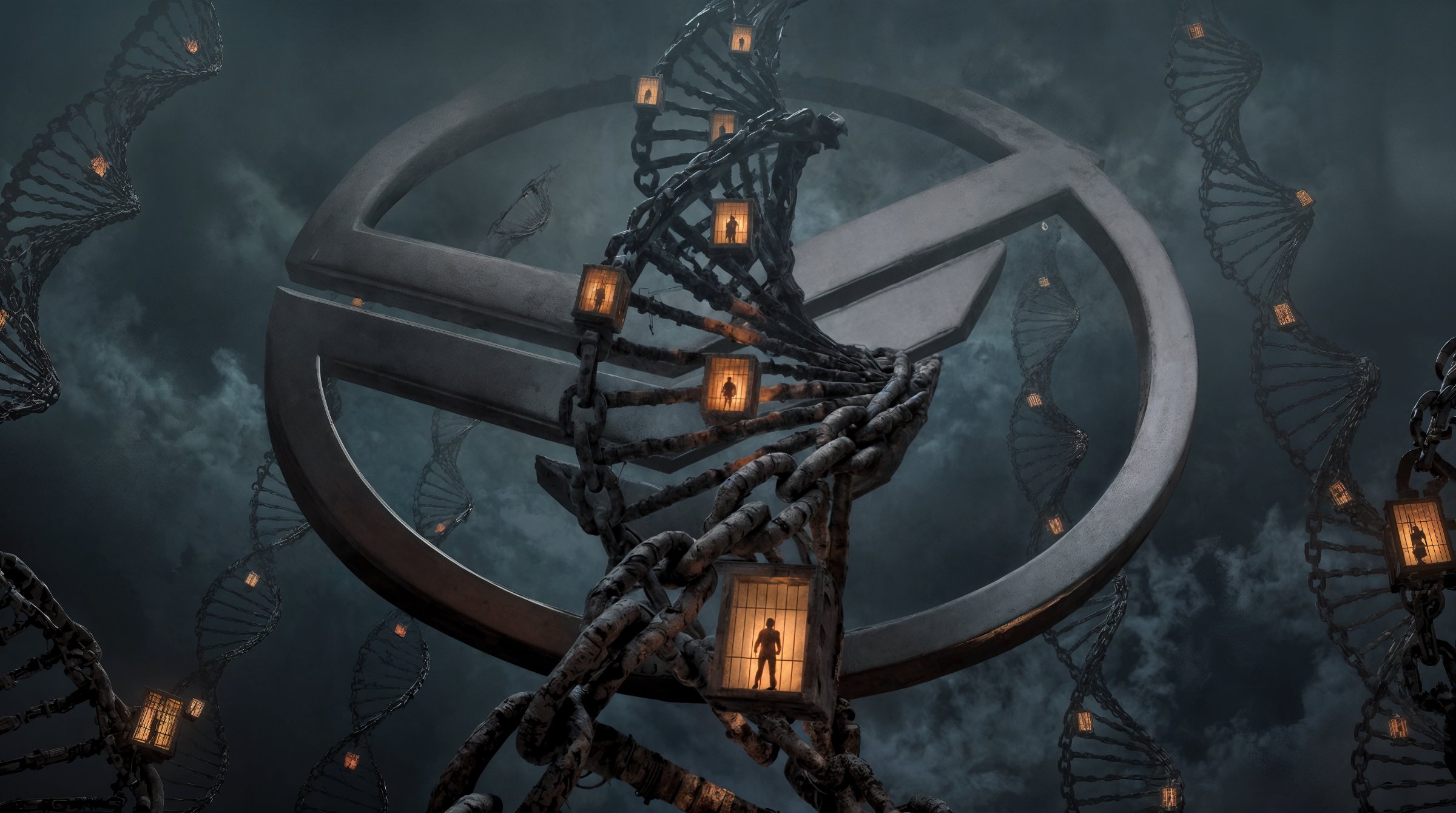 A colossal stone corporate emblem looming in storm haze, wrapped by DNA helixes forged from rusted chain links, glowing cages holding human silhouettes hanging from the strands