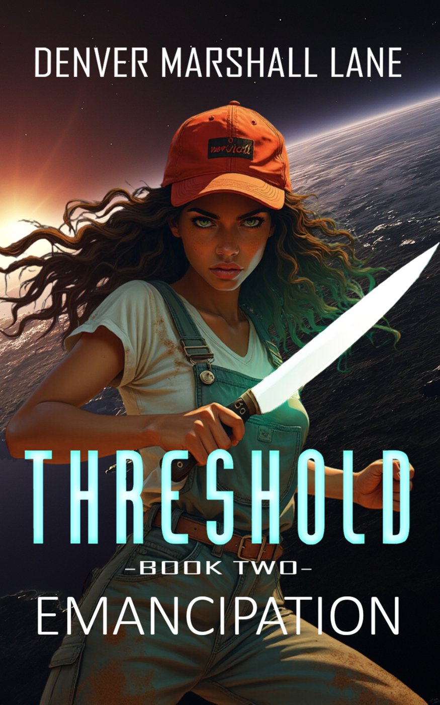 Threshold Book Two — Emancipation cover: a green-eyed woman in an orange cap grips a glowing blade, a dark ocean world and rising sun behind her