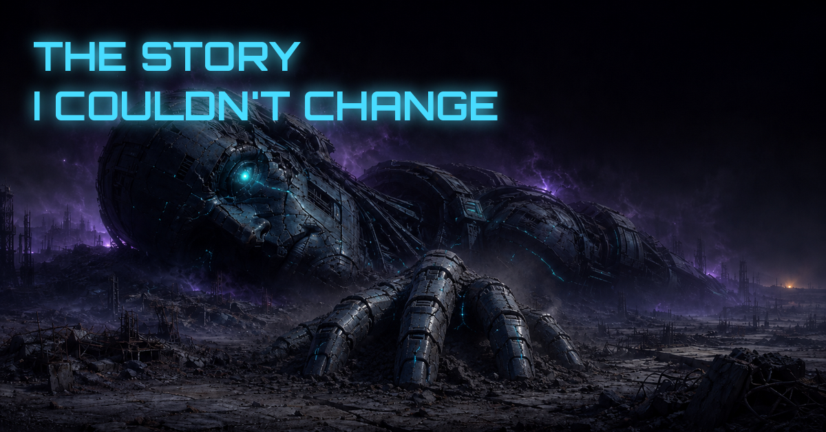 A fallen mechanical colossus in a dark wasteland, one eye still glowing cyan.